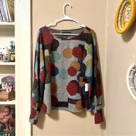 🏷️ talk of the walk • gray multicolor circle dot abstract knit pullover sweater - Picture 3 of 14